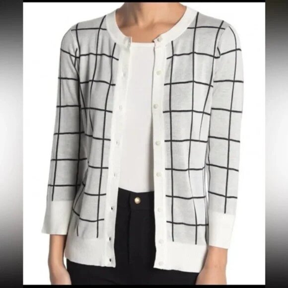 HALOGEN by Nordstrom Ivory/Black Plaid Knit Cardigan - Picture 9 of 11